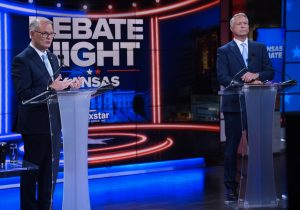 Republican Sen. Roger Marshall, right, and Democratic nominee for U.S. Senate Adam Hamilton participate in a debate at WDAF TV in Kansas City, Mo., Wednesday, Oct. 21, 2026. (AP Photo/Charlie Riedel, Pool)