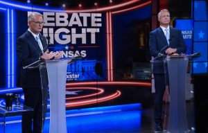 Republican Sen. Roger Marshall, right, and Democratic nominee for U.S. Senate Adam Hamilton participate in a debate at WDAF TV in Kansas City, Mo., Wednesday, Oct. 21, 2026. (AP Photo/Charlie Riedel, Pool)